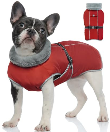 OUOBOB Small Dog Winter Coat, Waterproof Jacket, Reflective Warm Snow Coat with Fleece Lining, Windproof Adjustable Dog Snowsuit in Red S