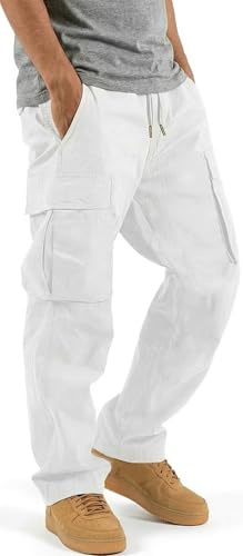 HUNGSON Pantalones Cargo para Hombre, Informales, de Senderismo, atléticos, de algodón, Holgados, Rectos, para Hombre, Blanco, 32