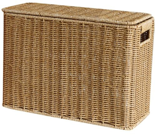 Cestas de almacenamiento de mimbre con tapas, cestas rectangulares tejidas para estantes, cestas de almacenamiento de ratán, cesta de lavandería, cesta de revista, cesta de escalera estrecha para