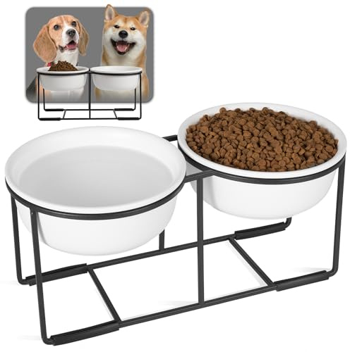 Hundenapf Set Erhöht Hundenäpfe Keramik - Fressnapf Hund 2er Set mit Rutschfestem Metallständer - Doppelnapf Hund für Futter und Wasser - Ideal für Kleine und Mittelgroße Hunde - 2 x 800 ml - Mattweiß