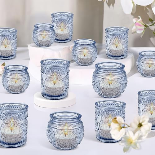 24 Set Blue Tealight Candle Holders for Table, 6 x 7 cm Glass Votive Candle Holder Decorations Bulk, Vintage Embossed Tea light Candle Jar for Wedding Church Centerpiece Birthday Party Home Christmas