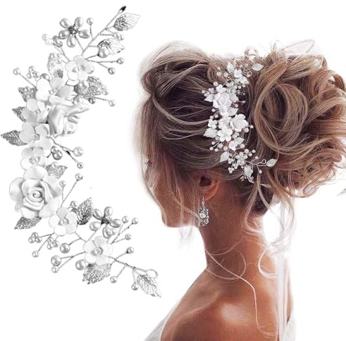 Poraceous Accessori per Capelli da Sposa con Fiori in Argento, Fascia per Capelli Sposa con Fiore di Vite, Copricapo di Foglie di Fiore, Fermacapelli per Damigelle, Ragazze e Ragazze Fiori (Argento)