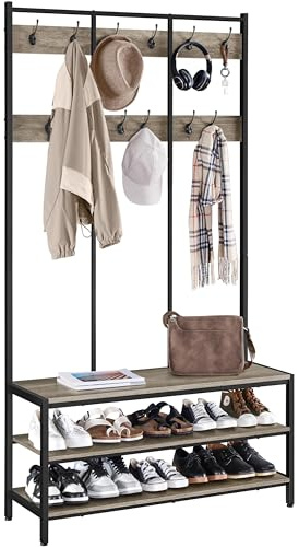 Yaheetech Large Coat Rack Stand, Hall Tree with 24 Hooks and Shoe Bench, Industrial Clothes Rack, Shoe Rack Bench with Metal Frame for Entryway Hallway Living Room, Grey
