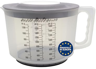 mucHome 3in1 Messbecher 2L Rührbecher mit Spritzschutz, Verschlussdeckel und Ausgießer - Rührschüssel aus Kunststoff mit gummierter Boden zum Kochen und Backen - Qualitätsprodukt aus Europa (Grau)