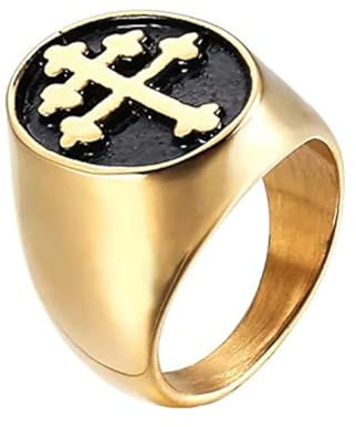 Bague Sceau Croix de Lorraine - Bijoux en Acier Inoxydable à Face Ovale Élégante, Argent & Or - Hypoallergénique, Résistant à la Nacrée, Design Unisexe Classy