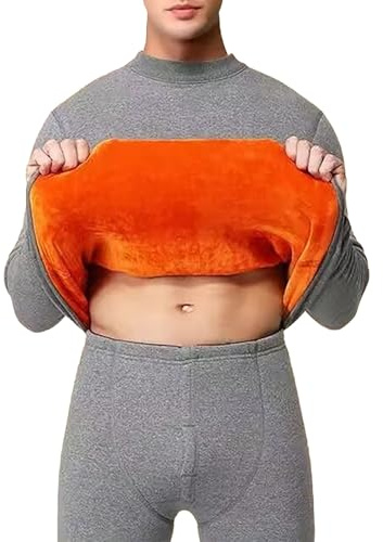 Conjunto de ropa interior térmica para hombre con forro polar naranja, camiseta de cuello alto y leggings, capa base súper cálida con forro polar cálido para invierno, gris, M