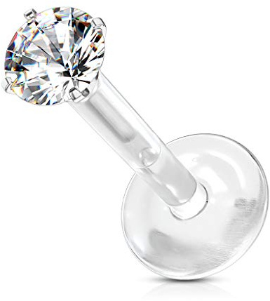 Tata Gisèle Piercing Labret Monroe Acier Chirurgical et Bioflex - Labret Type Push in avec Zircon Rond Serti Quatre Griffes et Base Plate en Bio Flex - (Or Doré/Clair, 6)