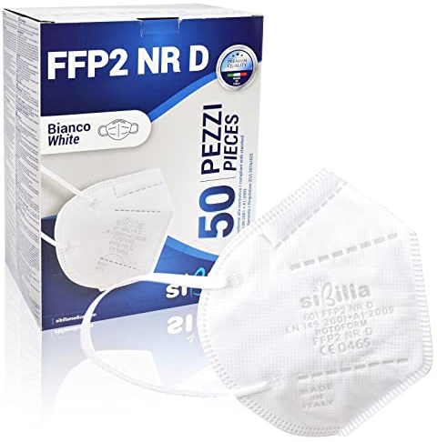 SIBILLA 50 Piezas Mascarillas FFP2 NR D Blancas de 5 capas MADE IN ITALY con certificación CE0465 Mascarilla FFP2 de alta protección respiratoria variados Adecuada para el verano