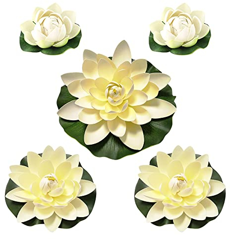 Zasvec Nénuphar Flottant 5 pièces Lotus Nénuphars Aquatiques Blanc Fleurs de Lotus Nénuphar pour Bassin Mousse Flottante Plantes pour Jardin Piscines Aquarium Terrasse Décor, 10/17/28cm