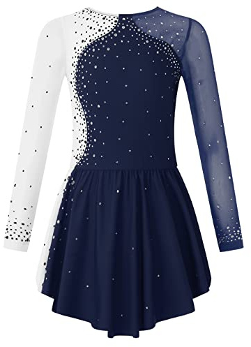 ranrann Enfant Fille Robe Patinage Artistique Manches Longues Strass Brillant Justaucorps Gymnastique Bodysuit Sport Costume Spectacle 5-16 Ans A Bleu Marine 11-12 Ans