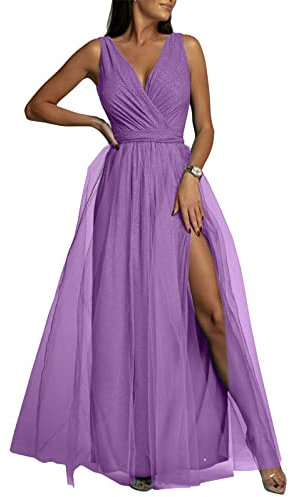 Tomwell Robe de Cocktail Femme Élégante Col en V Longue Party Dress Sexy Chic Tulle à Paillettes A-Line Soirée Couleur Unie B Violet L