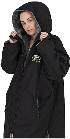 Snugrobe Premium Long Sleeved Women’s Waterproof Dry Changing Robe Jacket Hooded Coat for Surfing Swimming Water Sports Outdoors (UK, Alpha, XS, Regular, Regular, Black/Grey)