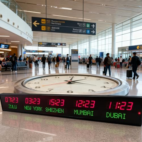 McbeAn World Time Zones Clock, 5 City Time Display LED Digital Wall Clock with Remote Control, 3-Level Brightness Adjustment, Various Setting Modes, Wavelength:620-625NM, for Hotel, Airport