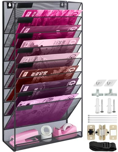 ideallife Organizer da parete a 8 tasche in rete con vassoio piatto inferiore, per ufficio, cartelle da appendere, riviste, set di ganci per etichette incluso, nero