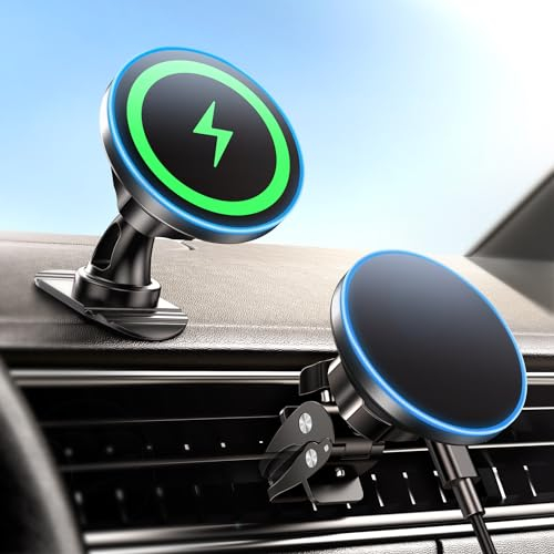 BHHB 15W Magsafe Autoladegerät, 2-in-1 Wireless Auto Kfz Ladegerät, Magsafe Autohalterung mit Ladefunktion, Vent/Dashboard Handyhalterung für iPhone 15 14 13 12 Pro Max Mini Plus Serie Schnellladung