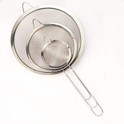 Set di 3 colini da cucina, diametro 7/12/18 cm, colino in acciaio inox a maglia fine con manico, per scolare pasta, quinoa, zucchero a velo, verdura, frutta, tè