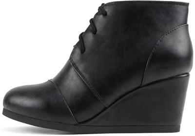 CITYCLASSIFIED “REX” ~ Women Lace Up Rounded Toe Low Wedge Ankle Boot (Black Pu, 6)