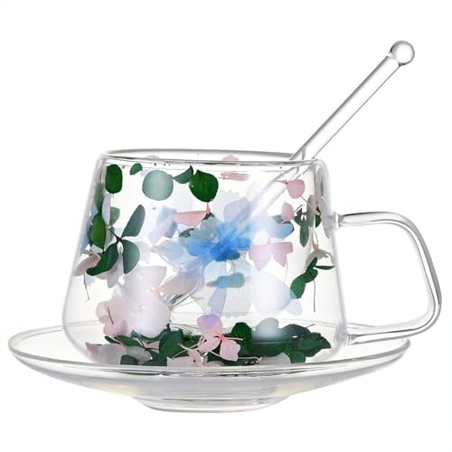 DULRLLY Tekopp och tefat i glas, dubbelväggigt kaffekopp, torkat blomma glas kaffemuggar med sked och bricka, dekorativ isolerad glaskopp, 250 ml (B)