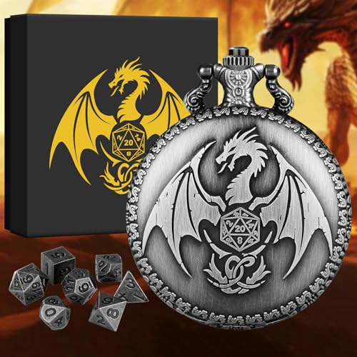 BYRRSF Mini DND Würfel Set Steampunk Drache Taschenuhr-Gehäuse, 7pcs Polyedrische Metall D&D Würfel Set, DND Geschenke mit Geschenkbox, Rollenspiele Brettspiele Zubehör, Silber