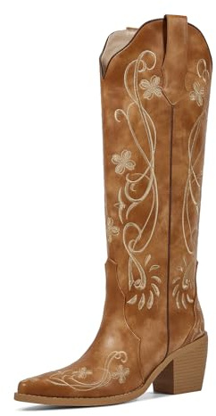 wetkiss Cowboy Boots for Women Knee High Cowgirl Boots, Western Boots with Floral Embroidered Pointed Toe Chunky Heel Pull On Retro Vintage Classic Tall Boots for Ladies, Traditional Brown Floral, 8