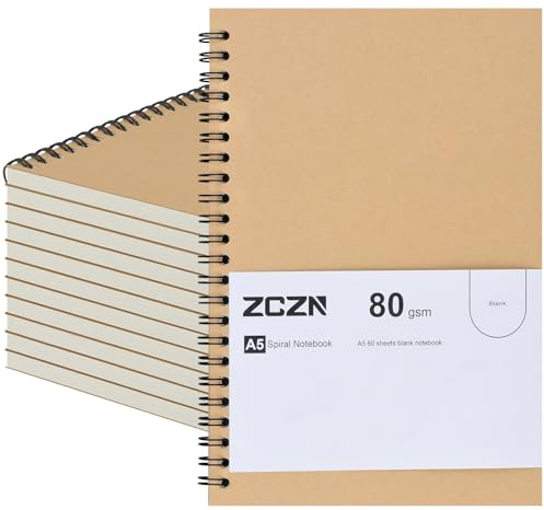 ZCZN Cuaderno A5 Hojas Blancas Libretas 12 Pack Cuaderno Espiral de Diarios con Cubierta de Kraft, 60 hojas/120 Páginas para Viajar Dibujo Escribir