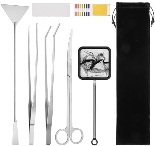Flintronic Aquascaping Tool, 7 in 1 Aquarium Aquascape Tools Kit, Anti-Rust Aquatic Plant Aquascaping Tool, Stainless Steel Long Tweezers Scissors Spatula for Cleaning Fish Tank (Silver)