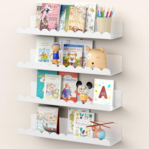 Gattlukd Nursery Book Shelves, 17 Inch Metal Floating Shelves for Wall 4 Pack, Scalloped Shelves, Wall Mounted Book Shelf for Kids Bedroom, Baby Room, Nursery Decor (White)