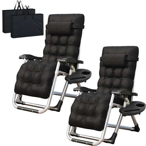 LSLIFE Zero Gravity Garden Chair folding Sun Loungers with Cup Holder & Cushion Carry Bag Adjustable Outdoor Reclining Garden Chairs for Patio Beach (Black 2 Pack)