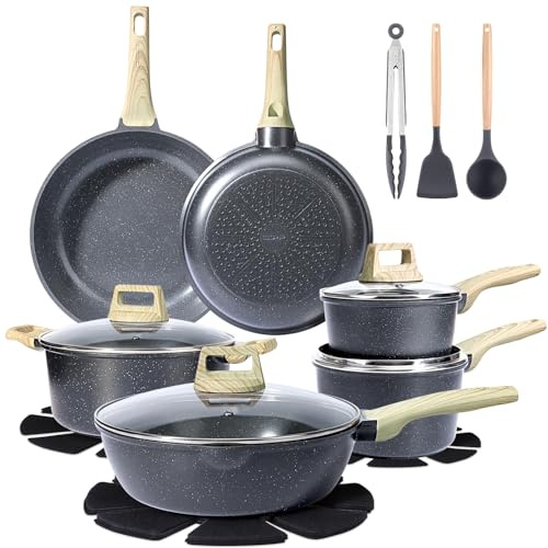 GiPP 18PCS Pots and Pans Set Non Stick Fryingpan & Saucepan Set Induction | Non Toxic Cookware Set,Granite Nonstick Coating,Dishwasher Safe,Compatible with All Stoves,PFAS PFOA Free(Grey,18PCS)