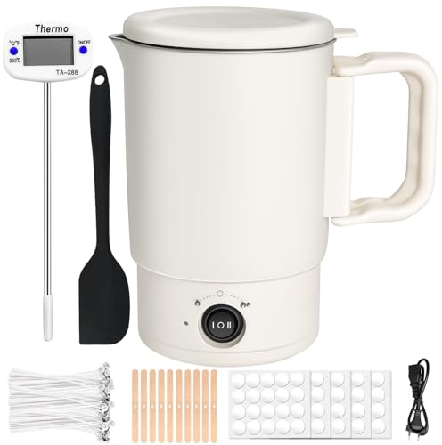 Orifesio Derretidor de Cera Eléctrica para Hacer Velas, 800 ml Fundidor de Cera para Velas, Termómetro, con 100 Mechas de Vela, 100 Pegatinas de Mecha, 10 Soportes para Mechas y Cuchara