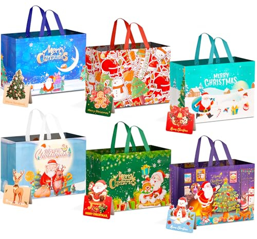 AgagaQx Sacchetti Natale Grandi, 6PCS Bustine Natale in Tessuto Non Tessuto, Borsa Regalo Riutilizzabili, Buste Natalizie per Regali Festivo, Pacchetti Regalo con Manico per Feste Natalizie Famiglia