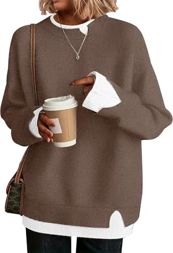 Disamer Womens Sweaters Fall Clothes Fashion 2026 Cowboy Chic Knit Cozy Sweater School Teacher Outfits Long Sleeve Pullover,Pure Coffee,Large