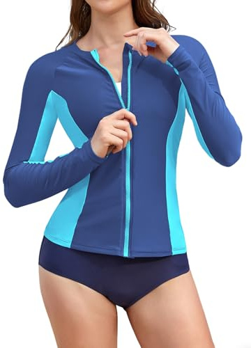 SHEKINI Camiseta de protección para mujer, manga larga, UPF 50+, chaleco con cremallera, protección UV, para natación deportiva, Azul, azul claro, M
