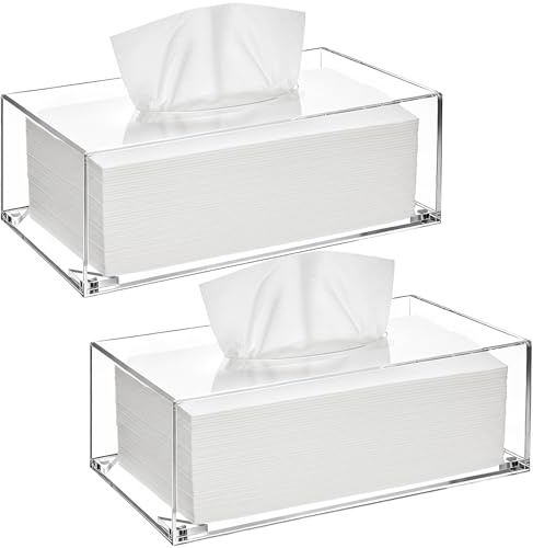Yopay 2 Pack Acrylic Tissue Box Holder, Rectangle Tissue Box Cover with Magnetic Bottom, Clear Acrylic Facial Tissue Case Dispenser for Bathroom Kitchen Bedroom Vanity Restaurant Office