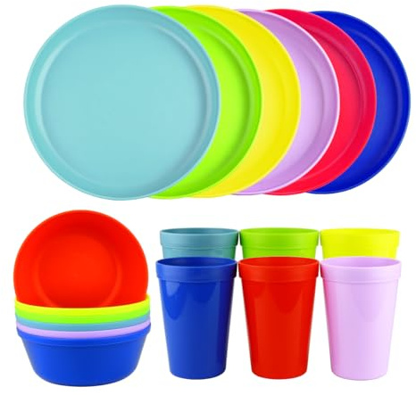 Kids Dinnerware Set – 18-Piece Multicolor Garden and Party Dining Set | BPA-Free Plastic Plates, Bowls & Tumblers | Dishwasher Safe & Durable for Children