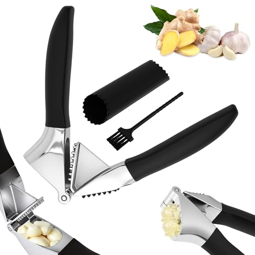 Knoblauchpresse Edelstahl, Premium Knoblauchpresse mit Sparschäler und Bürste, Garlic Press, Ingwerpresse, Komfortablem und Rutschfestem Griff, Spülmaschinenfest, für Familienküchen(schwarz)