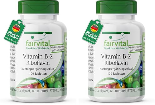 fairvital Vitamine B2 Riboflavine, 200mg par jour, 100 comprimés, HAUTEMENT DOSÉE, VÉGÉTALIENNE, facile à avaler (Lot de 2)