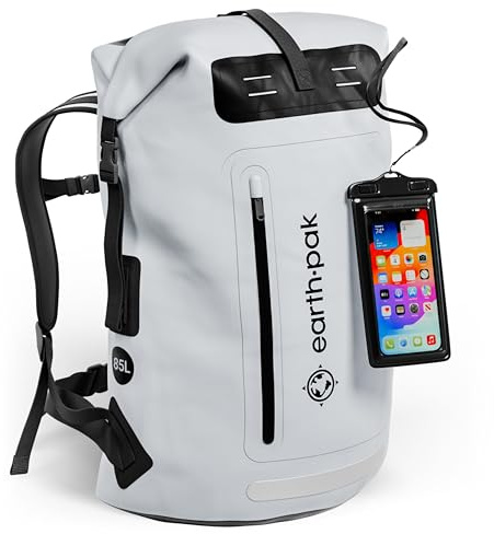 Earth Pak Waterproof Backpack with Roll-Top Closure, Front Pocket, Cushioned Back Panel & Phone Case (Grey, 35L)