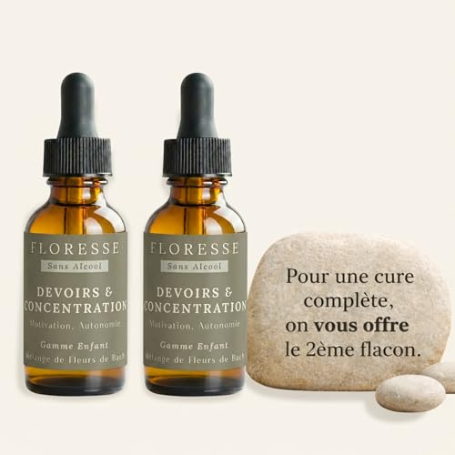 Conseil Fleur de Bach® – Fleurs de Bach Enfants Devoirs & Concentration 30ml +1 OFFERT – Cure complète – Concentration, mémoire, motivation – SANS ALCOOL– Lot 2 flacons - Élixir floral traditionnel