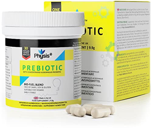 Physis Prebiotics with Probiotics | FOS Fibre Supplement | Gut Health Fiber & Digestion | Diarrhoea & Constipation Relief | 60 Vegan Capsules | 2 Month Supply | Lactobacillus Acidophilus