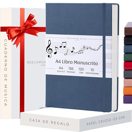 Beechmore Books Blank Sheet Music Notebook – A4 8.5”x11.5” for Songwriters, Musicians & Composers,156 Thick 120gsm Pages,10-Staff Perforated Sheets, Vegan Leather Hardcover, Elastic Closure, Gift Box