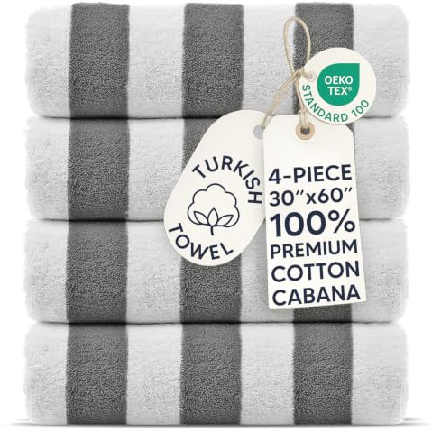 Chakir Turkish Linens Turkisk cabana i 100% bomull, tjocka randiga pool- och strandhanddukar, 4-pack (grå, 76 x 152 cm)