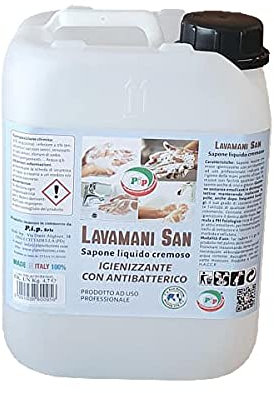 PIP Sapone Cremoso Igienizzante con Antibatterico Lavamani San, Tanica UN LT.5 = Kg. 5,25, PH Fisiologico, Protezione Mani, Idoneo HACCP, Ricarica Risparmio