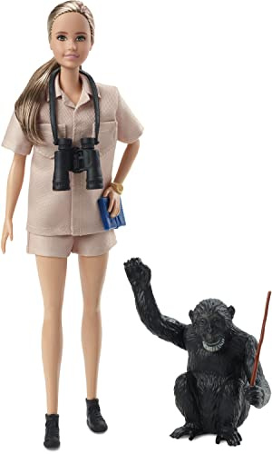 Barbie Poupée Dr. Jane Goodall Série Femmes d’Exception, avec Carnet de Notes, Paire de Jumelles et Tenue de Terrain, Fabriquée à partir de matériaux recyclés, Jouet Enfant, Dès 3 Ans, HCB83