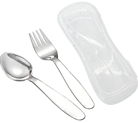 VANRA Juego de 2 cucharas de tenedor para niños con estuche de viaje para fiambrera, acero inoxidable 18/8, juego de cubiertos para niños Juego de utensilios escolares (cuchara tenedor)