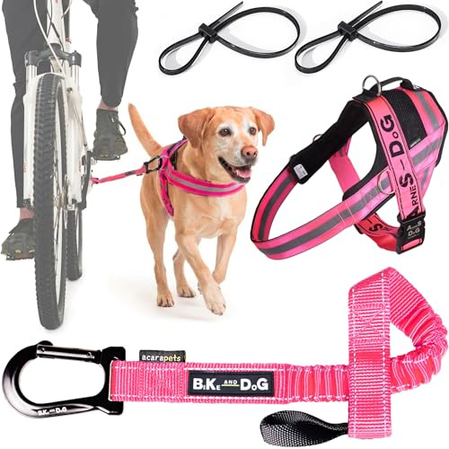 Laisse et Harnais pour Chien de vélo, Harnais avec Anneaux latéraux, Comprend 2 Sangles de vélo. Breveté. (Rose, L)