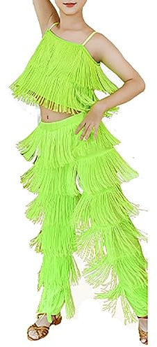 2 Pezzi Abito con Frange,Abiti da Ballo Latino per Bambine,Pantaloni con Nappe Abiti da Pratica,con Nappe a Canotta Set di Costumi,per Esercizi di Salsa di Tango,120, Green