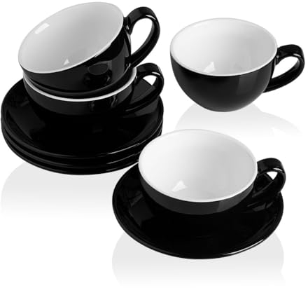 Sweejar Home Ceramic Cappuccino Cups, 250ml Espresso Cups, Porcelain Cup & Saucer, Tea Cup Set for Specialty Coffee Drinks, Latte, Americano (Black, Set of 4)
