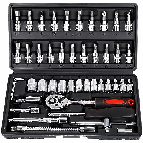 Retoo Juego de Llaves de Vaso Profesionales, 46 Piezas, Vasos, Carraca, Puntas de Destornillador, Kit de Herramientas Mecánicas, para la Reparación del Hogar y Bricolaje, Maletín, Universal