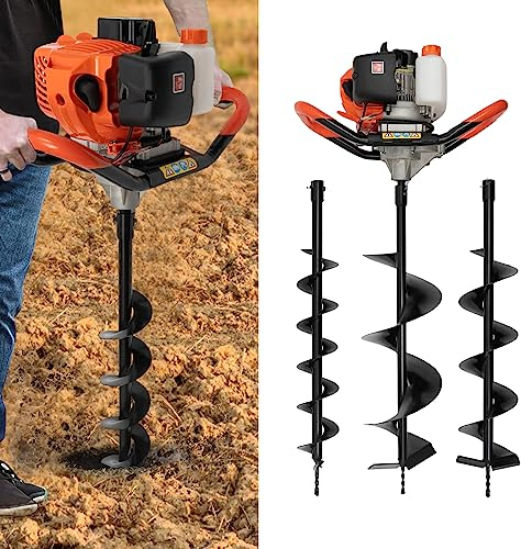 Trivella a Scoppio, 52CC 2 Tempi Mototrivella a Scoppio, 1460W Trivella a Scoppio 3 Punte di Diametro (100,150,200 mm) Motozappa a Benzina 8500rpm, Sistema di Accensione CDI da 1,2L